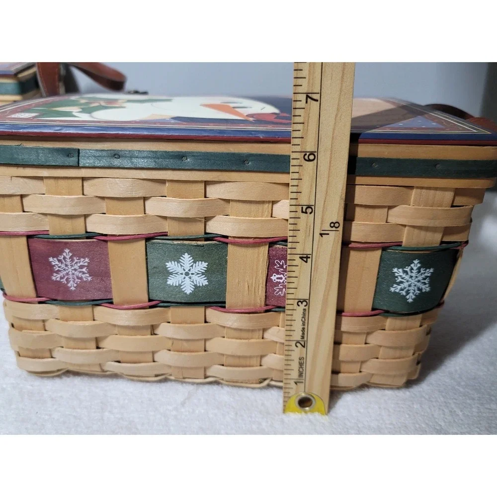 2 Christmas Baskets With Snowman Lg. & Sm Jan Shade Beach Weaved Leather Handles